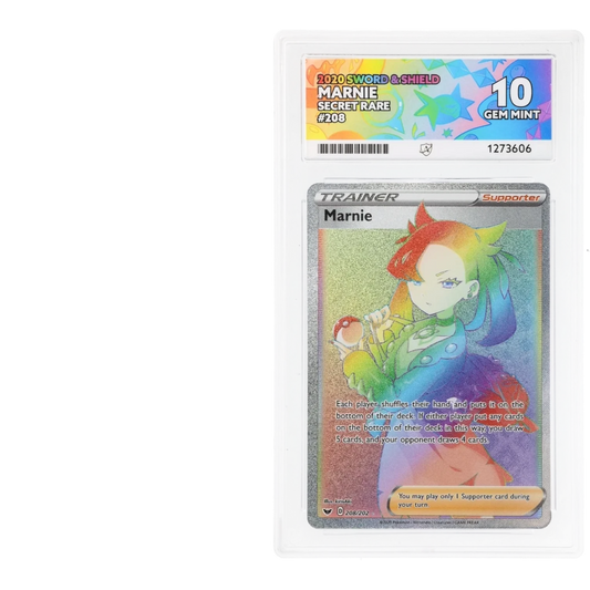 RichRevived graded Marnie 208/202 Secret Rare Pokemon card from Sword & Shield in an ACE 10 Gem Mint slab