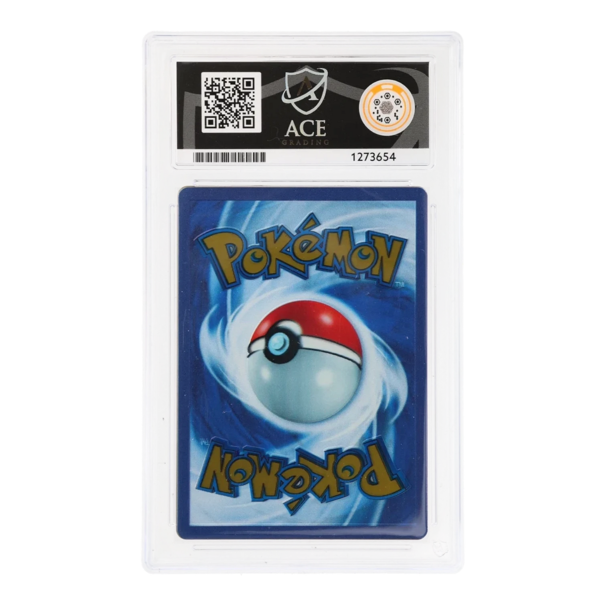 RichRevived graded Mew ex 205/165 metal Pokemon card in ACE 9 Mint slab, back view showing classic card design