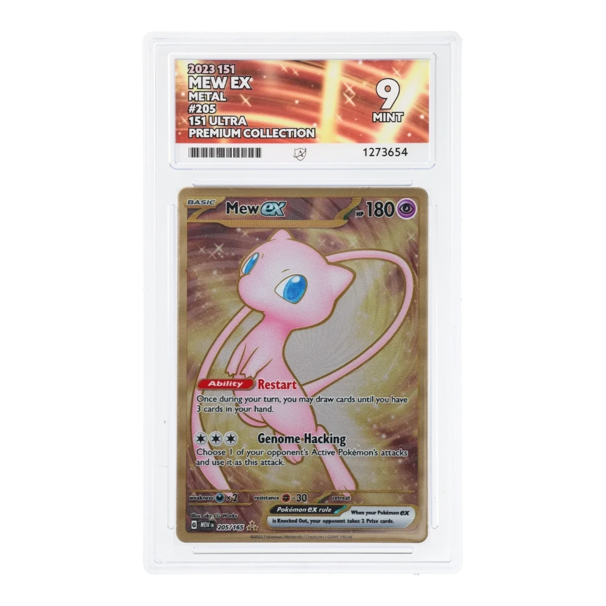 RichRevived Mew ex 205/165 metal Pokemon card from 151 set, graded ACE 9 Mint in a protective display slab.