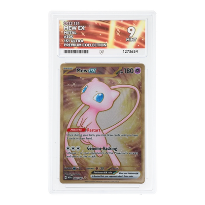 RichRevived Mew ex 205/165 metal Pokemon card from 151 set, graded ACE 9 Mint in a protective display slab.