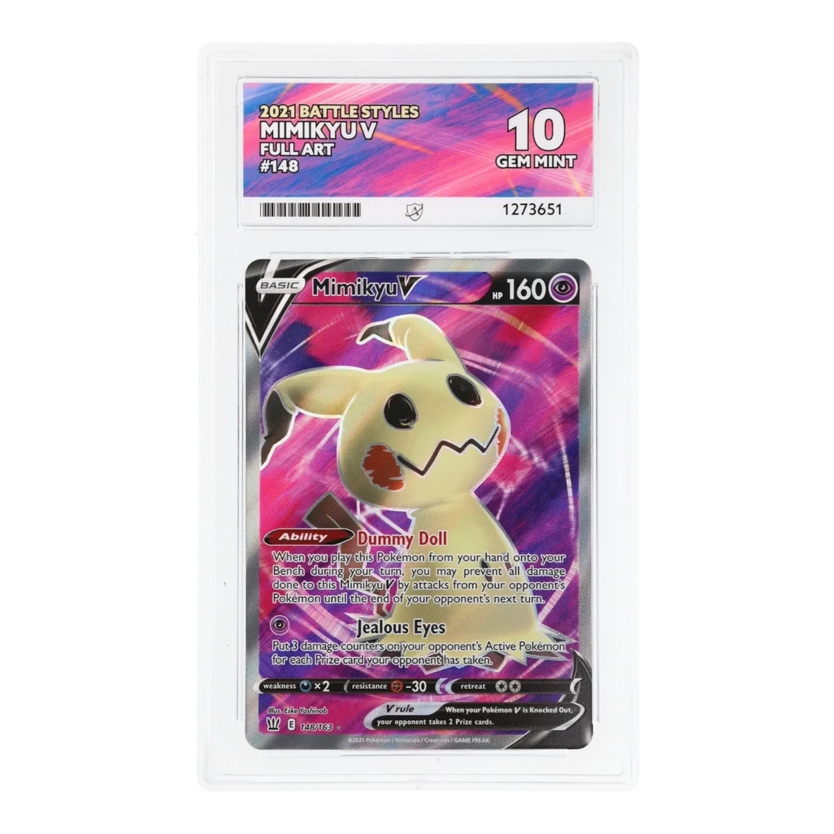 RichRevived Mimikyu V 148/163 Full Art Battle Styles Pokémon card in an ACE 10 Gem Mint graded slab