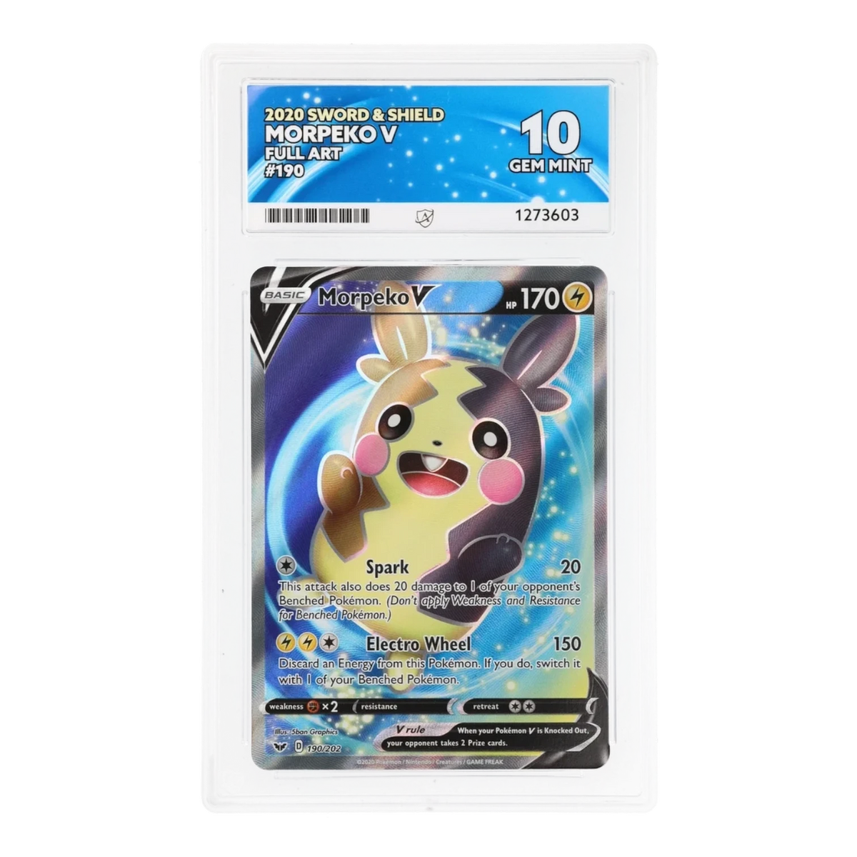 RichRevived Morpeko V 190/202 full art Pokemon card from Sword & Shield, graded ACE 10 Gem Mint in a protective slab.