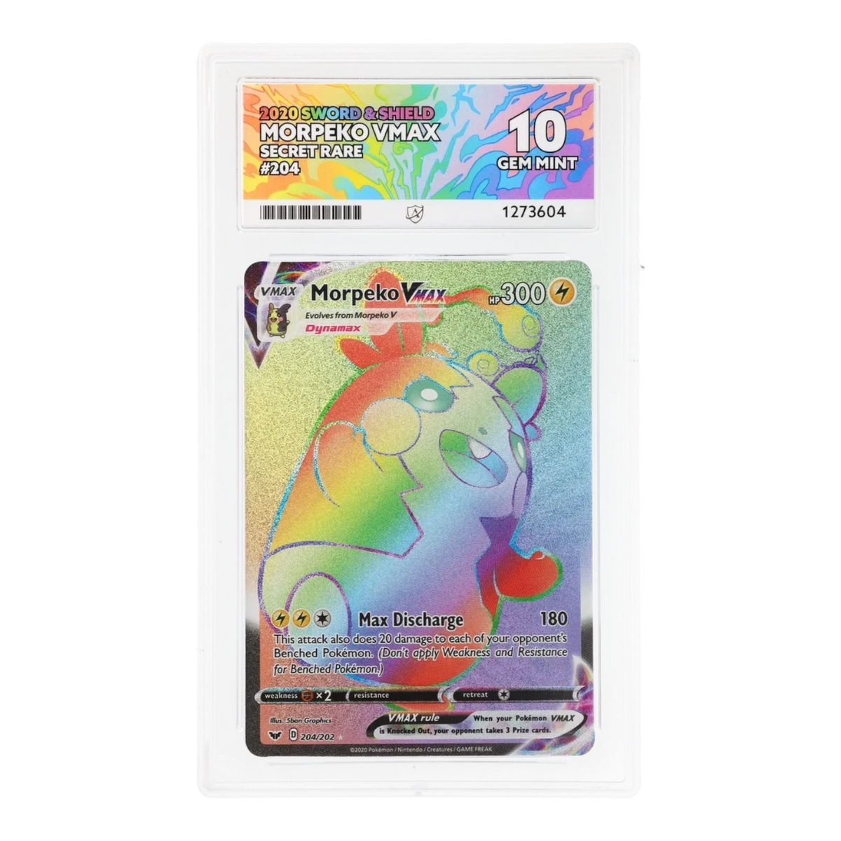 RichRevived Morpeko VMAX 204/202 Secret Rare Pokemon card in an ACE 10 Gem Mint graded slab