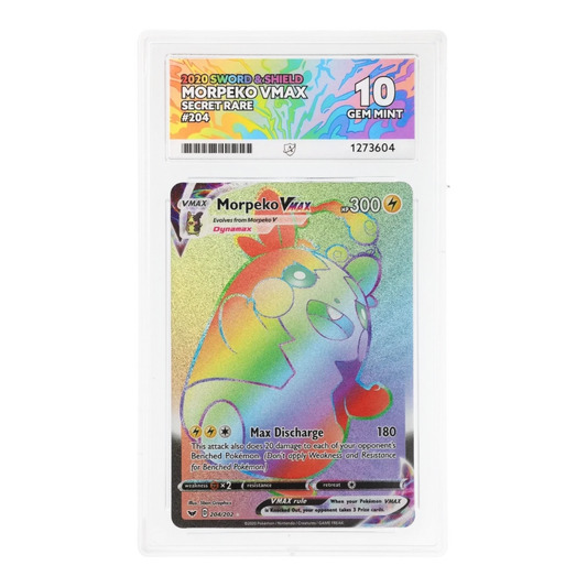 RichRevived Morpeko VMAX 204/202 Secret Rare Pokemon card in an ACE 10 Gem Mint graded slab