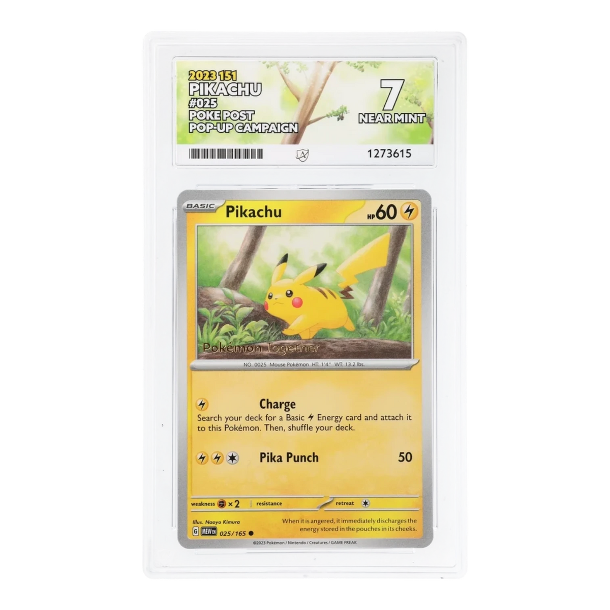 RichRevived graded Pikachu 025/165 Pokemon card from the 2023 151 set in an ACE 7 Near Mint protective slab