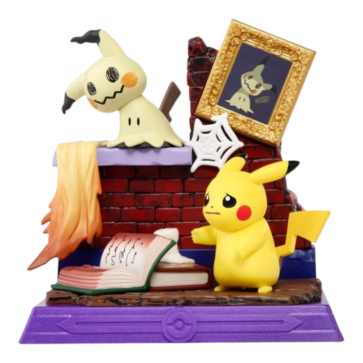 RichRevived Pokémon Pikachu and Mimikyu blind box figure set featuring a brick fireplace scene with a framed portrait.