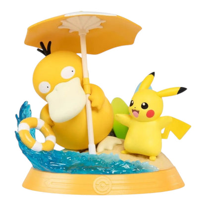 RichRevived Pokémon Pikachu and Psyduck beach scene blind box figure with yellow umbrella and blue water base