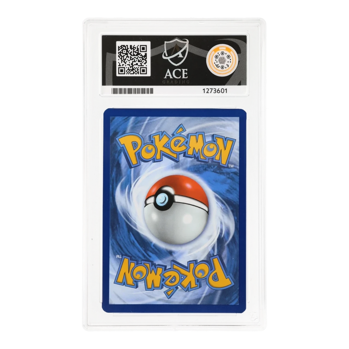 RichRevived graded ACE 8 Pokemon card back view showing the classic blue and white swirl design in a protective slab