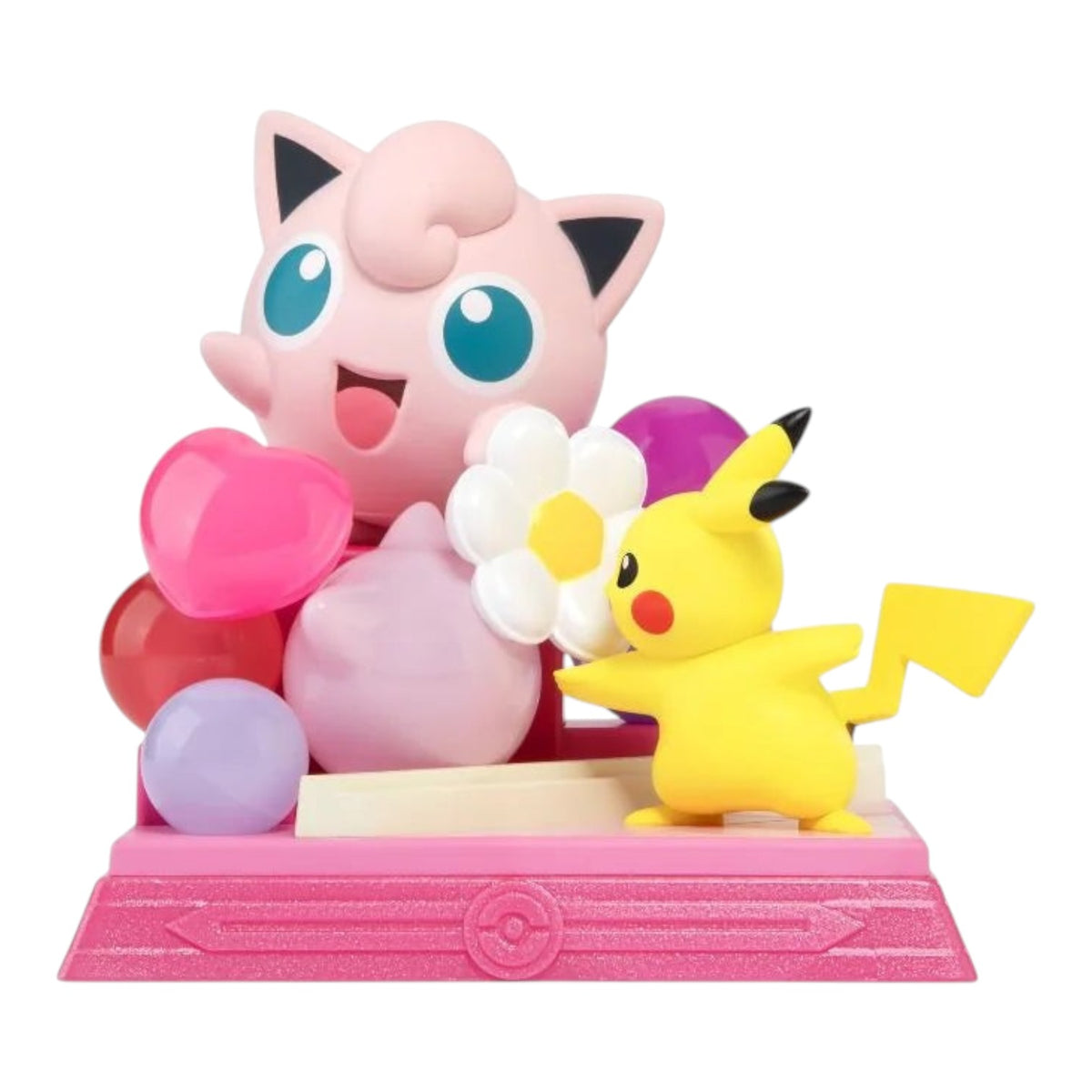 RichRevived Pokémon Pikachu and Jigglypuff blind box figure set with colourful hearts and a flower on a pink base