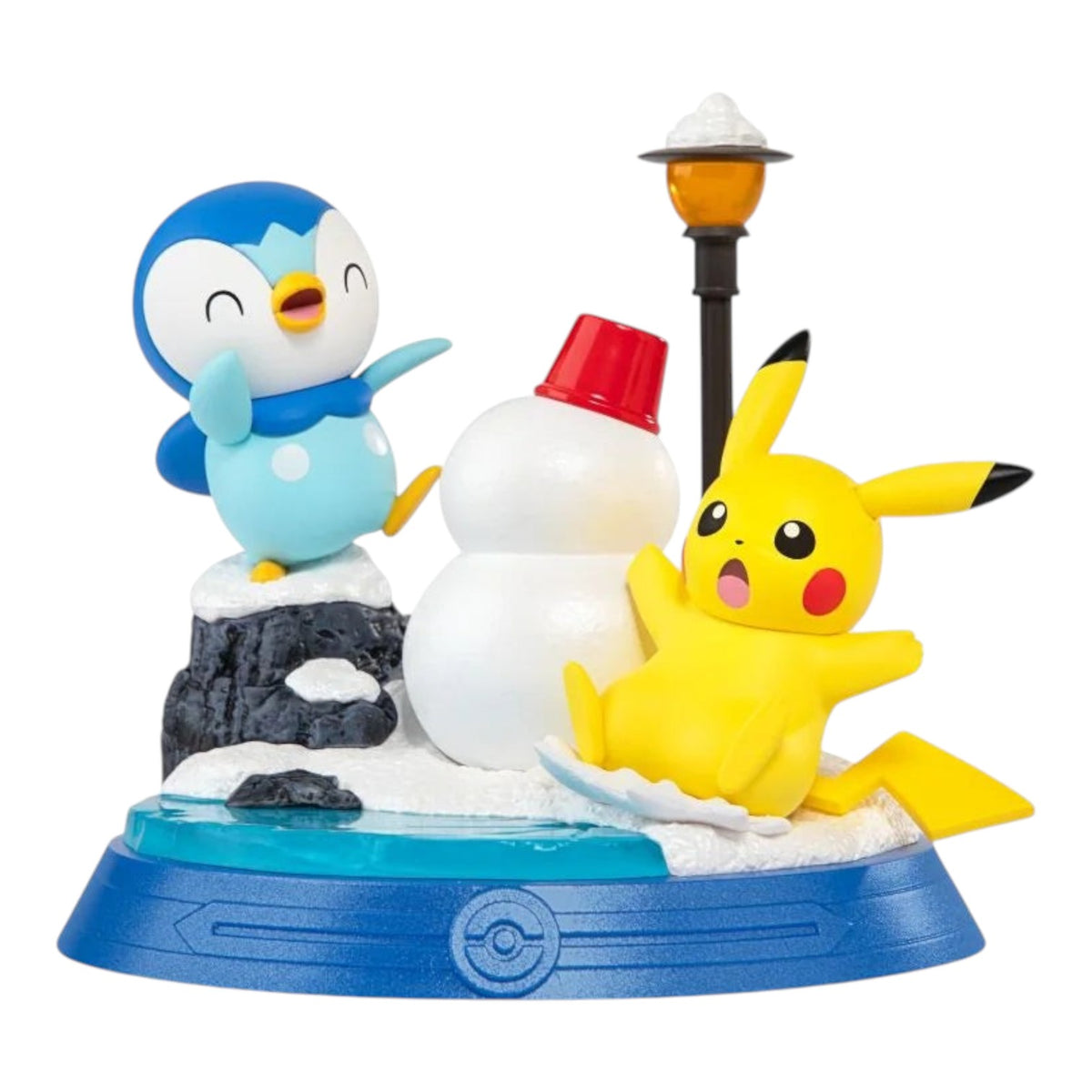 RichRevived Pokémon Pikachu and Piplup winter scene figure with a snowman and lamp post on a blue display base.