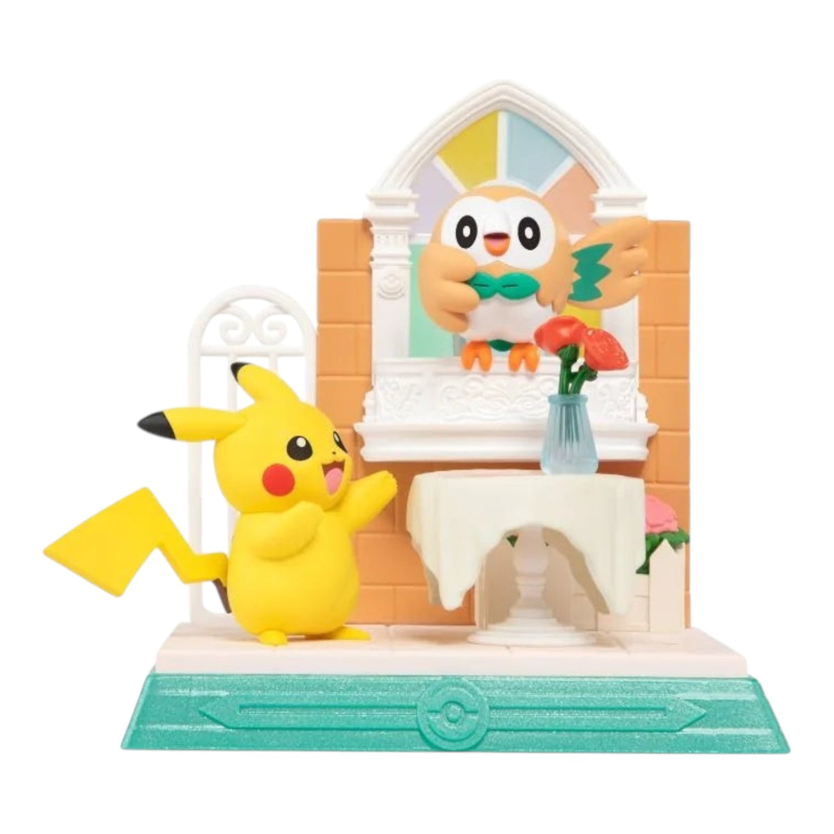 RichRevived Pokémon Pikachu and Rowlet blind box figure set featuring a miniature cafe scene with a table and flowers