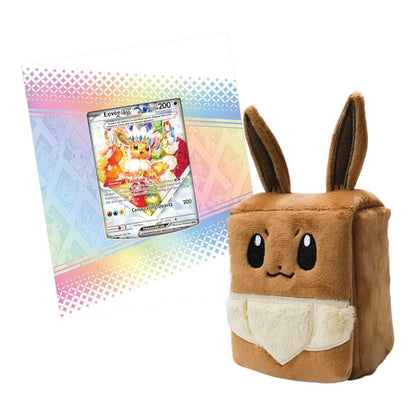 RichRevived Pokémon Prismatic Evolutions collection featuring an Eevee ex promo card and a fuzzy Eevee deck box.