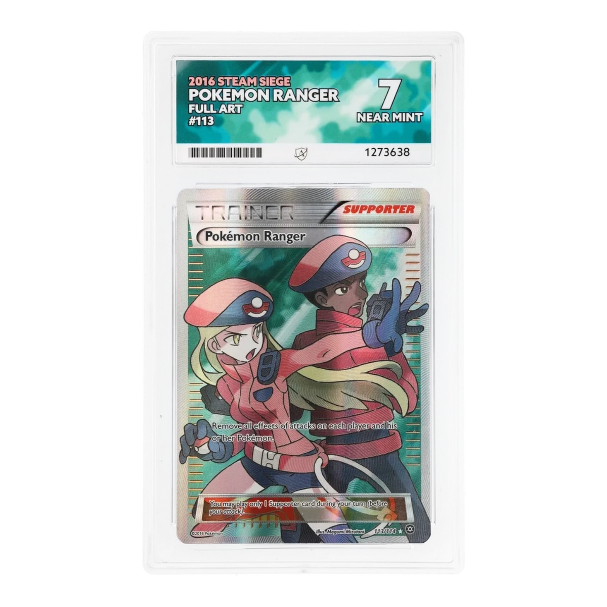 RichRevived Pokemon Ranger 113/114 Full Art trainer card from Steam Siege, graded ACE 7 Near Mint in a protective slab.
