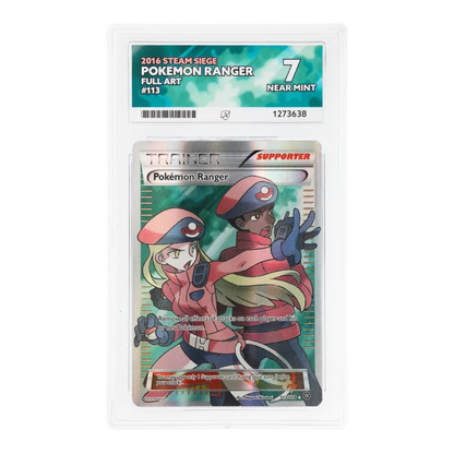 RichRevived Pokemon Ranger 113/114 Full Art trainer card from Steam Siege, graded ACE 7 Near Mint in a protective slab.
