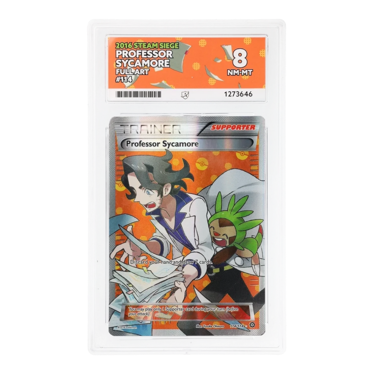 RichRevived Professor Sycamore 114/114 Full Art Pokemon card from Steam Siege, graded ACE 8 NM-MT in a protective slab.
