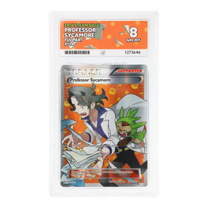 RichRevived Professor Sycamore 114/114 Full Art Pokemon card from Steam Siege, graded ACE 8 NM-MT in a protective slab.