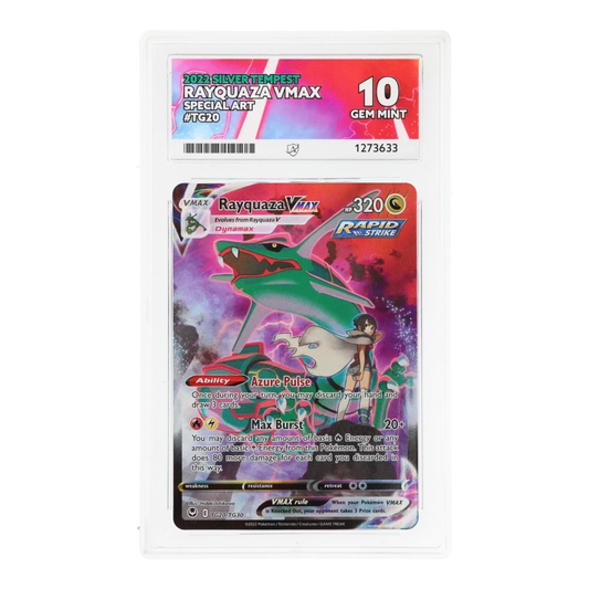 RichRevived Rayquaza VMAX TG20 Silver Tempest special art Pokemon card in an ACE 10 Gem Mint graded slab