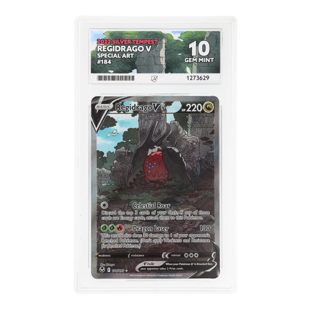 RichRevived Regidrago V 184/195 Special Art Silver Tempest ACE 10 Gem Mint graded Pokemon trading card in a slab