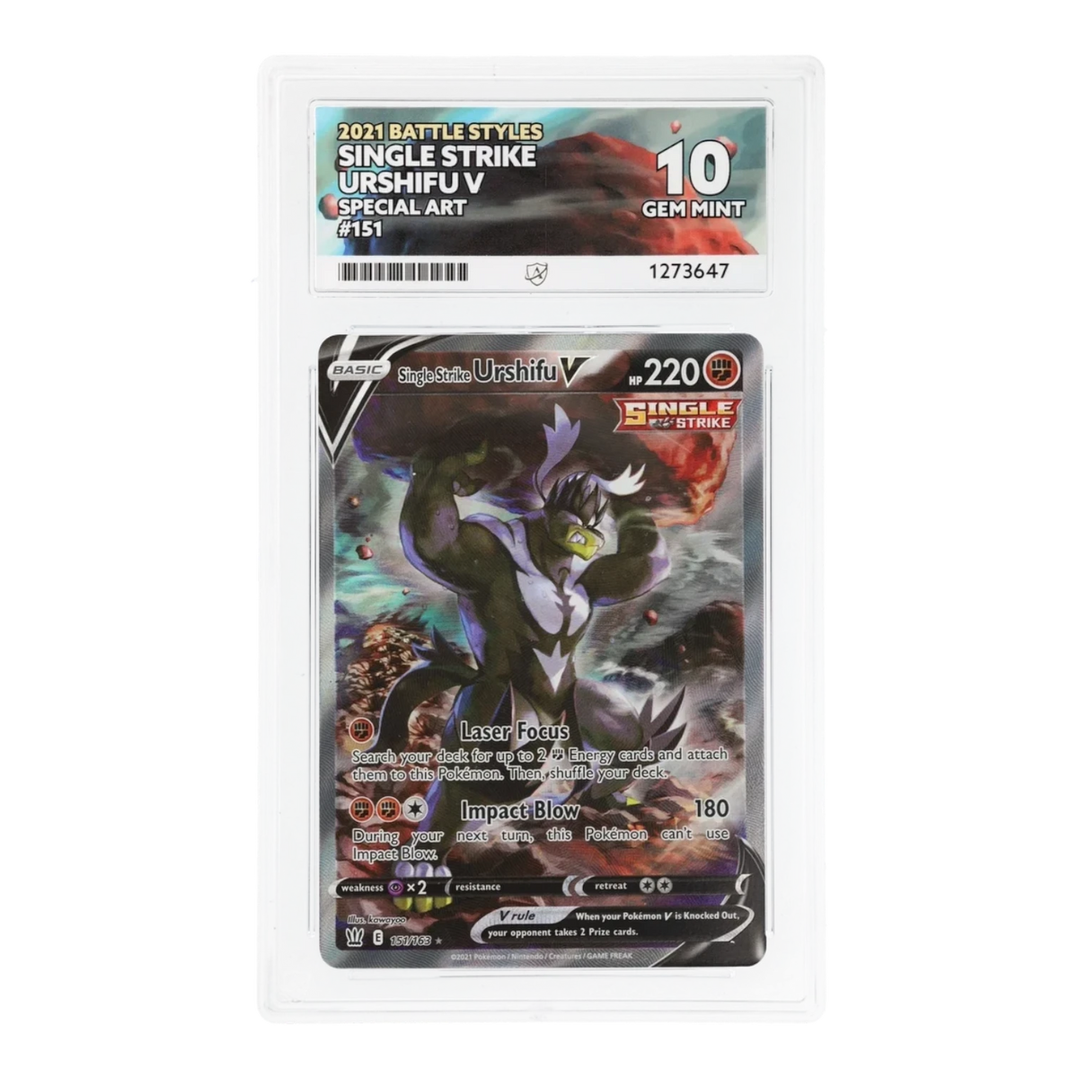 RichRevived ACE 10 Gem Mint graded Single Strike Urshifu V special art Pokemon card from 2021 Battle Styles set