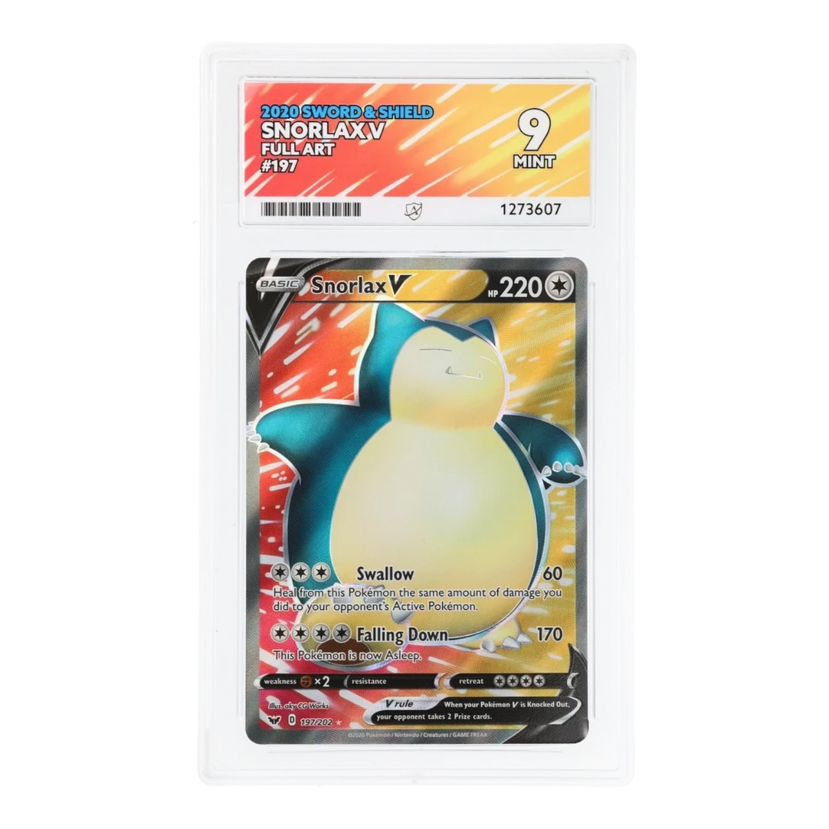 RichRevived Snorlax V 197/202 Full Art Pokémon card from Sword & Shield, graded ACE 9 Mint in a protective slab.