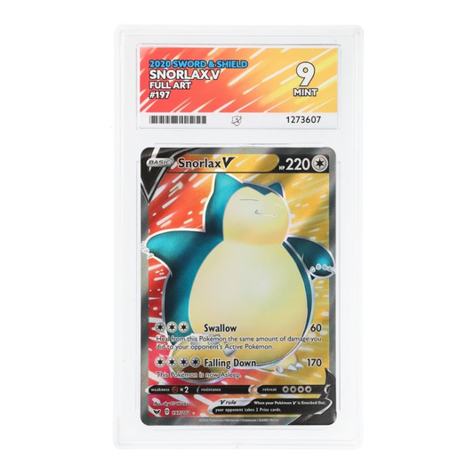 RichRevived Snorlax V 197/202 Full Art Pokémon card from Sword & Shield, graded ACE 9 Mint in a protective slab.