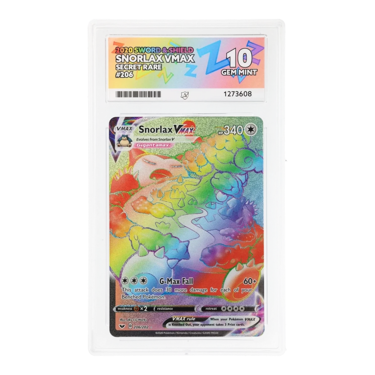 RichRevived Snorlax VMAX 206/202 rainbow secret rare Pokémon card in an ACE 10 Gem Mint graded slab