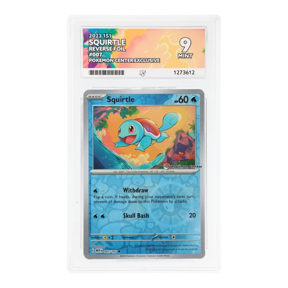 RichRevived graded ACE 9 Mint Squirtle 007/165 reverse foil Pokemon Center card from the 2023 151 set