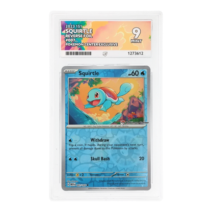 RichRevived graded ACE 9 Mint Squirtle 007/165 reverse foil Pokemon Center card from the 2023 151 set