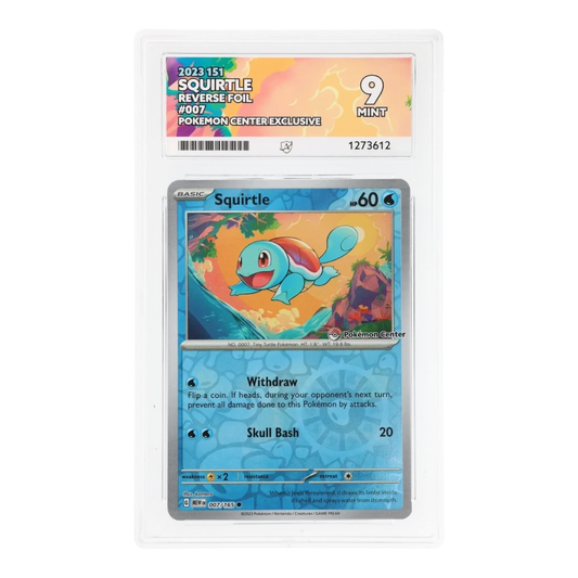 RichRevived graded ACE 9 Mint Squirtle 007/165 reverse foil Pokemon Center card from the 2023 151 set