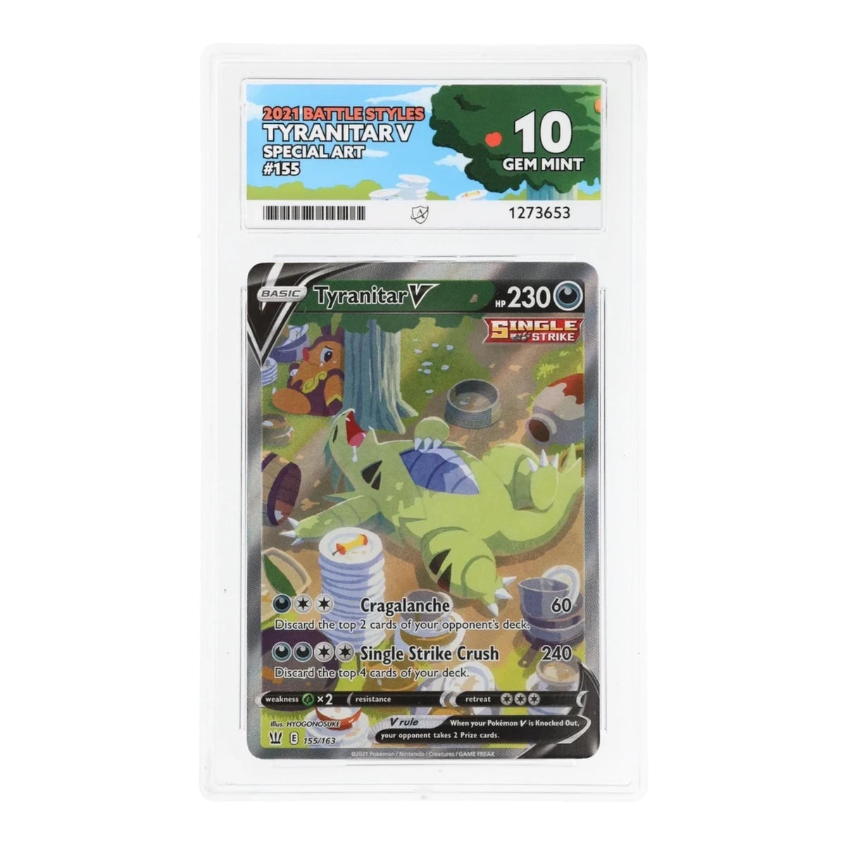 RichRevived Tyranitar V 155/163 Special Art Battle Styles Pokémon card in an ACE 10 Gem Mint graded plastic slab.