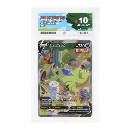 RichRevived Tyranitar V 155/163 Special Art Battle Styles Pokémon card in an ACE 10 Gem Mint graded plastic slab.