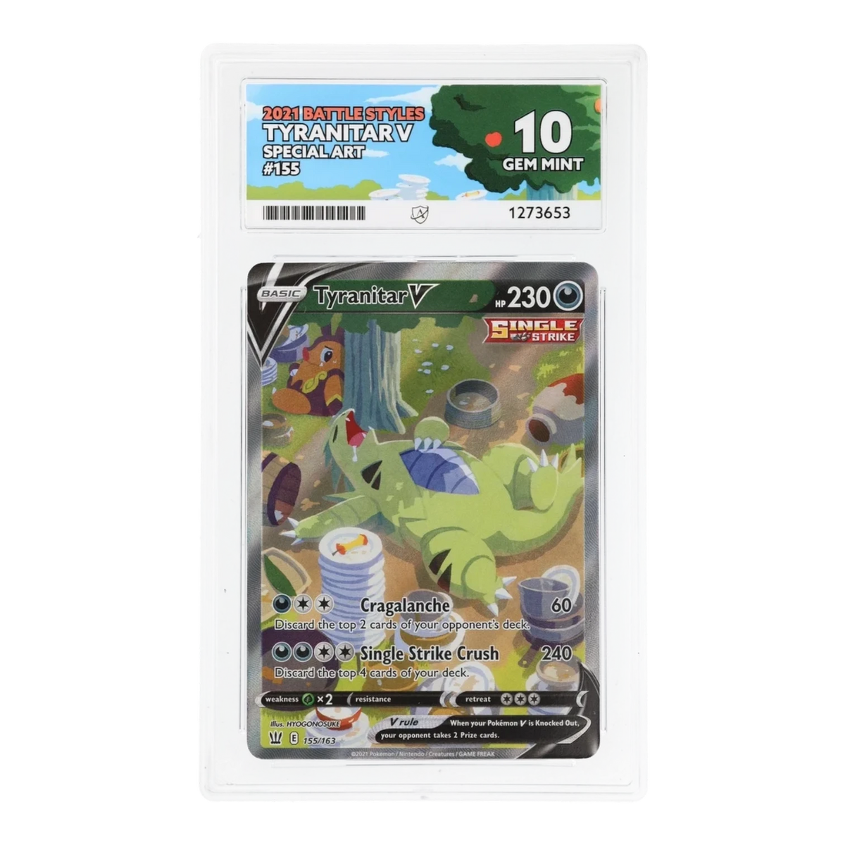 RichRevived Tyranitar V 155/163 Special Art Battle Styles Pokémon card in an ACE 10 Gem Mint graded plastic slab.