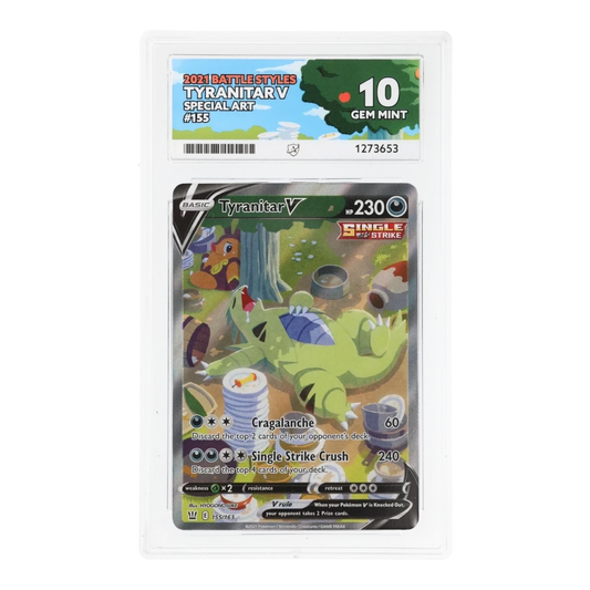 RichRevived Tyranitar V 155/163 Special Art Battle Styles Pokémon card in an ACE 10 Gem Mint graded plastic slab.