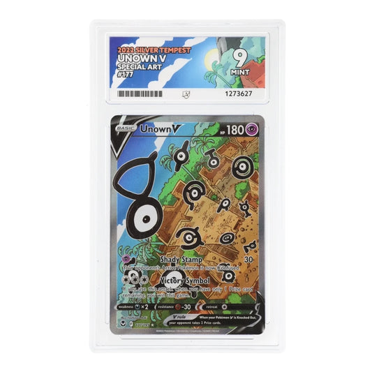 RichRevived graded Unown V 177/195 Special Art card from Silver Tempest in an ACE 9 Mint slab