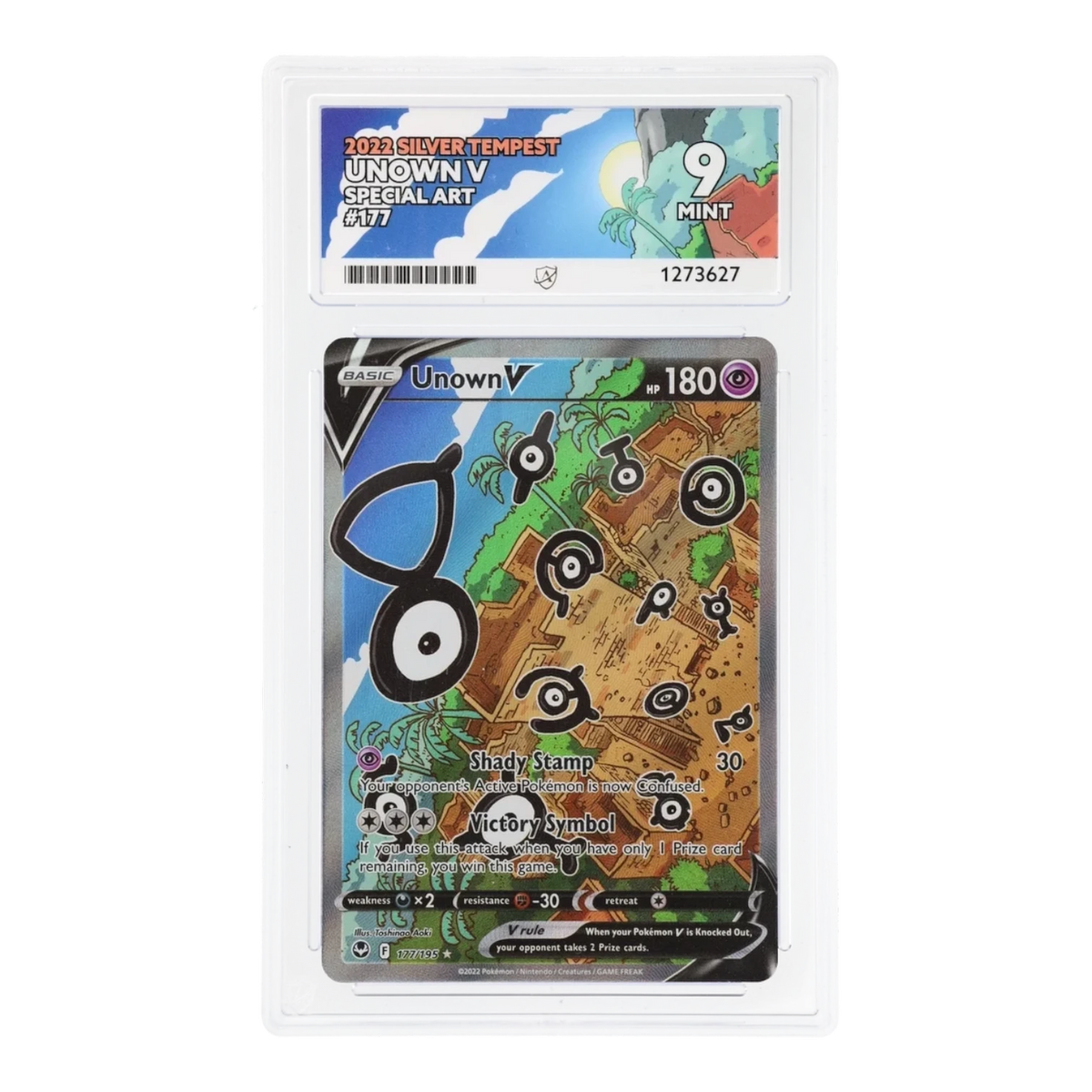 RichRevived graded Unown V 177/195 Special Art card from Silver Tempest in an ACE 9 Mint slab
