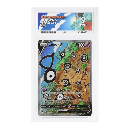 RichRevived graded Unown V 177/195 Special Art card from Silver Tempest in an ACE 9 Mint slab