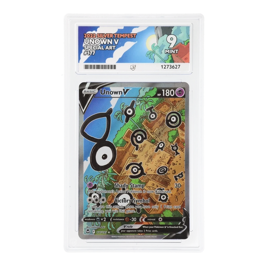 RichRevived graded Unown V 177/195 Special Art card from Silver Tempest in an ACE 9 Mint slab