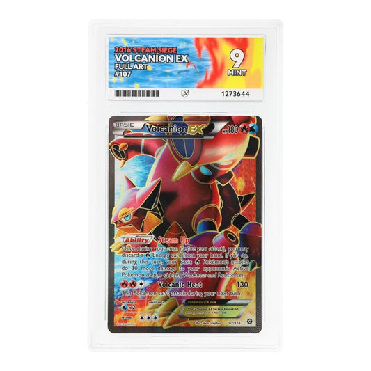 RichRevived Volcanion EX 107/114 Full Art Steam Siege Pokemon card graded ACE 9 Mint in a protective plastic slab