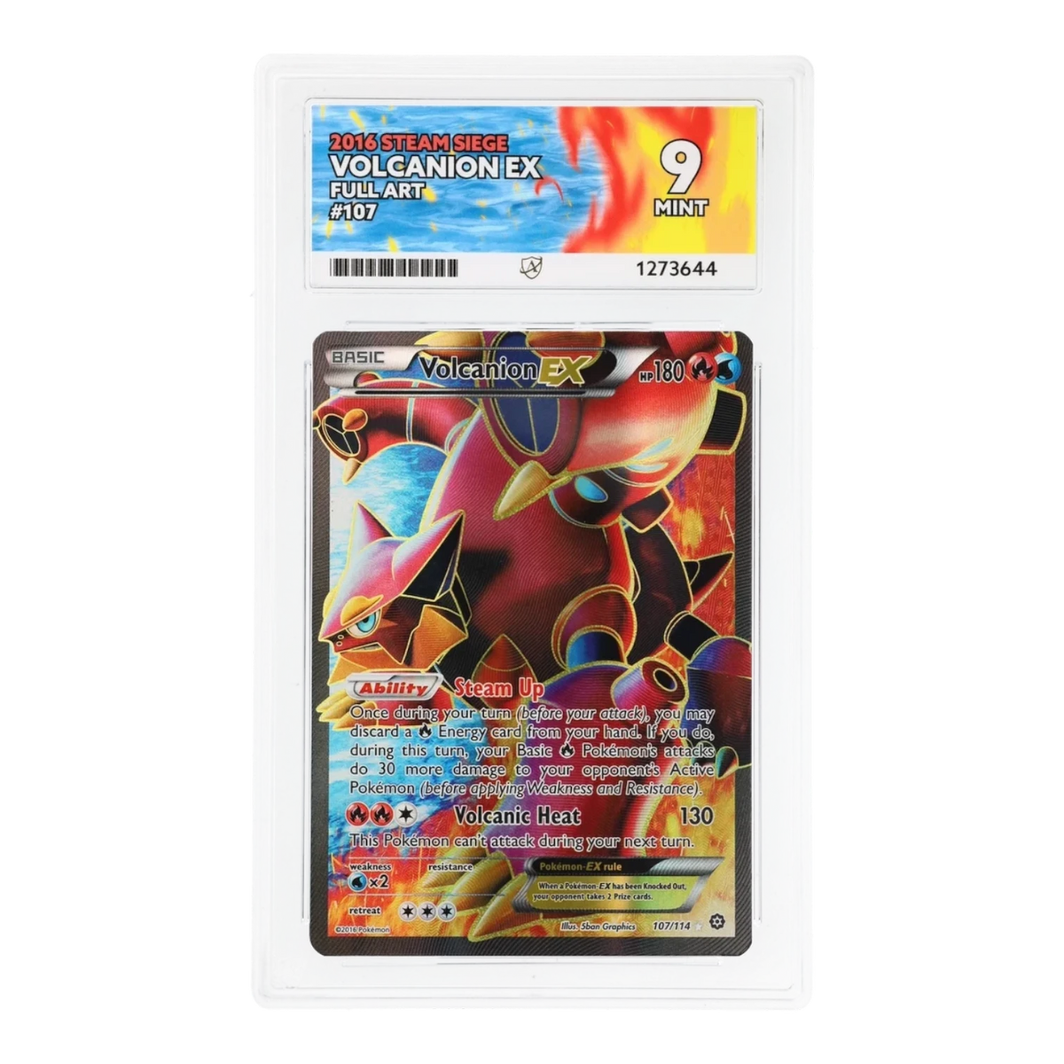 RichRevived Volcanion EX 107/114 Full Art Steam Siege Pokemon card graded ACE 9 Mint in a protective plastic slab