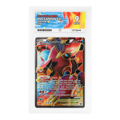 RichRevived Volcanion EX 107/114 Full Art Steam Siege Pokemon card graded ACE 9 Mint in a protective plastic slab