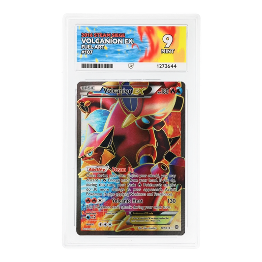 RichRevived Volcanion EX 107/114 Full Art Steam Siege Pokemon card graded ACE 9 Mint in a protective plastic slab