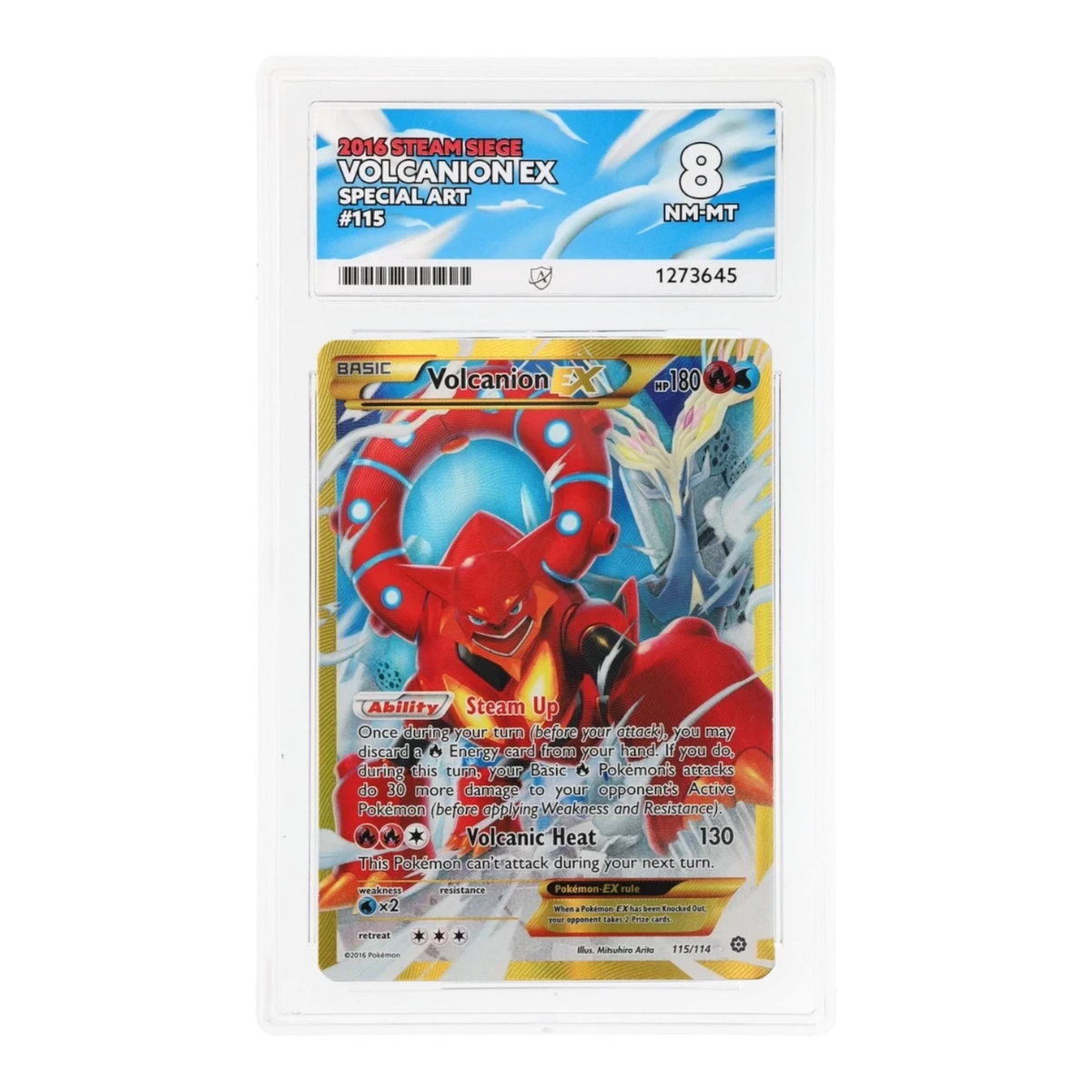 RichRevived Volcanion EX 115/114 Special Art Steam Siege card in an ACE 8 NM-MT graded protective slab
