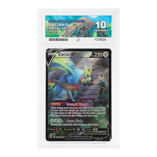 RichRevived graded Zacian V TG21 Special Art Pokemon card from Astral Radiance in an ACE 10 Gem Mint slab