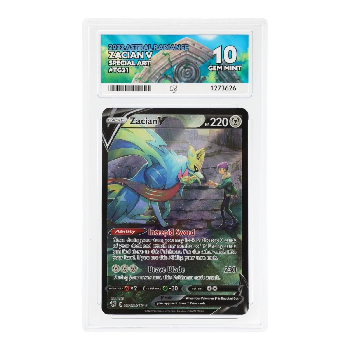RichRevived graded Zacian V TG21 Special Art Pokemon card from Astral Radiance in an ACE 10 Gem Mint slab